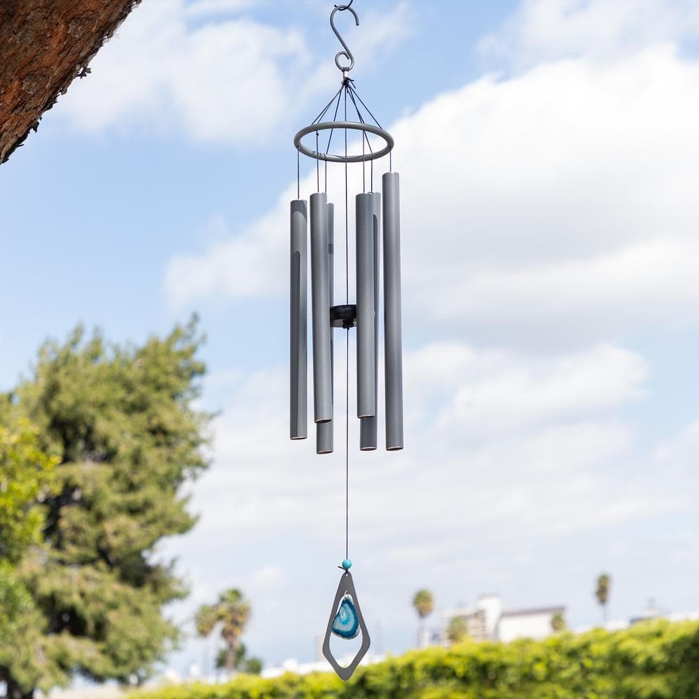 39" Gray Aluminum Wind Chime with Blue Gemstone