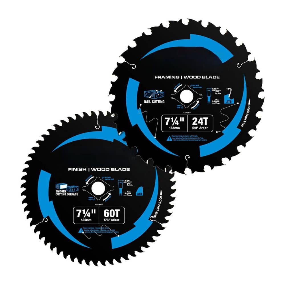 7-1/4 in. 24-Tooth and 60-Tooth Wood Cutting Carbide Circular Saw Blade for Plywood MDF OSB Laminated 2-Pack price history on PriceWatchPro