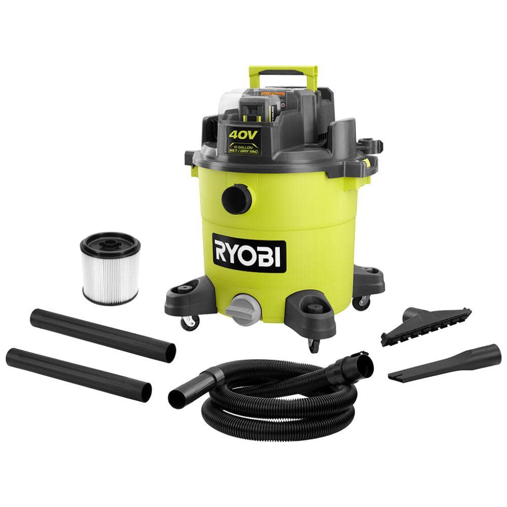 RYOBI 40V 10 Gal. Cordless Wet/Dry Vacuum Kit with 40V 4.0 Ah Battery, 40V Charger, and Replacement Filter, Greens