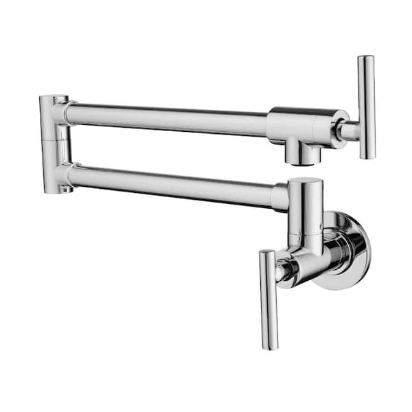 FLG Commercial Wall Mounted Pot Filler Double-Handle Kitchen Faucet Folding Brass Swing Arm Modern Taps in Polished Chrome
