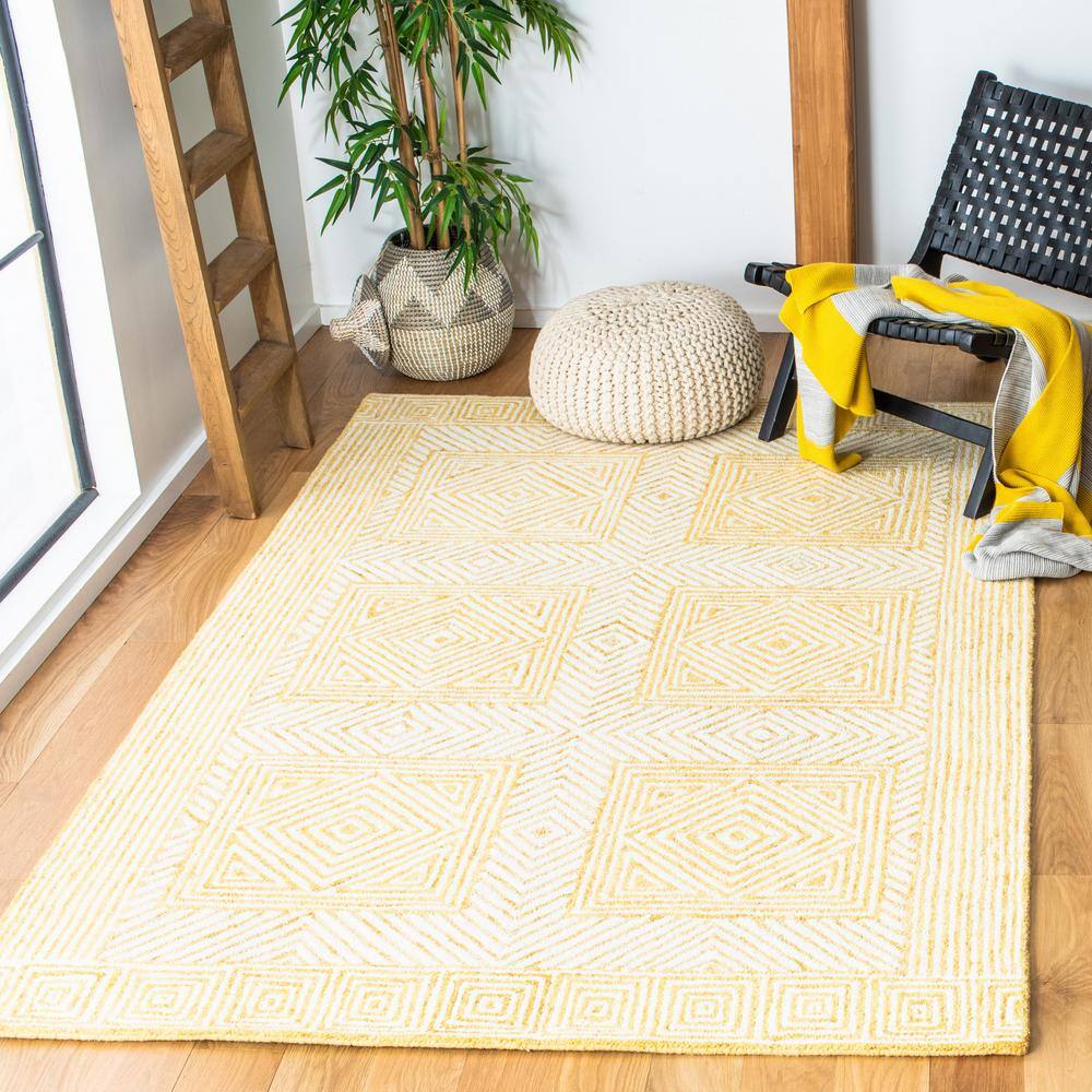 Ivory and Yellow Hand-Tufted Wool Geometric 4' x 6' Area Rug
