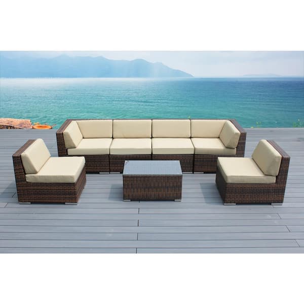 Ohana Mixed Brown 7-Piece Wicker Patio Seating Set with Supercrylic Beige Cushions