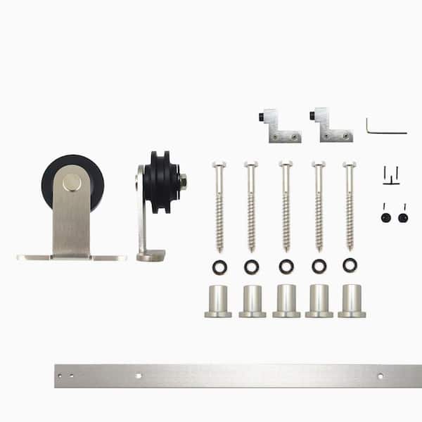 HOMACER 7 ft./84 in. Brushed Nickel Non-Bypass Sliding Barn Door Hardware Kit T-Shape Design Roller for Single Door