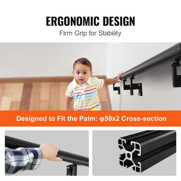 SKYSHALO Wall Mount Handrail 7 in. H x 2.76 in. W Black Aluminum Alloy Stair Railing Kit Thickened Hand Rail
