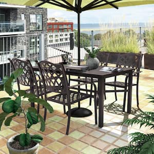 Dark Brown 5-Piece Aluminum Patio Dining Set With Umbrella Hole With Powder Coat Paint Finish, Seating for 4
