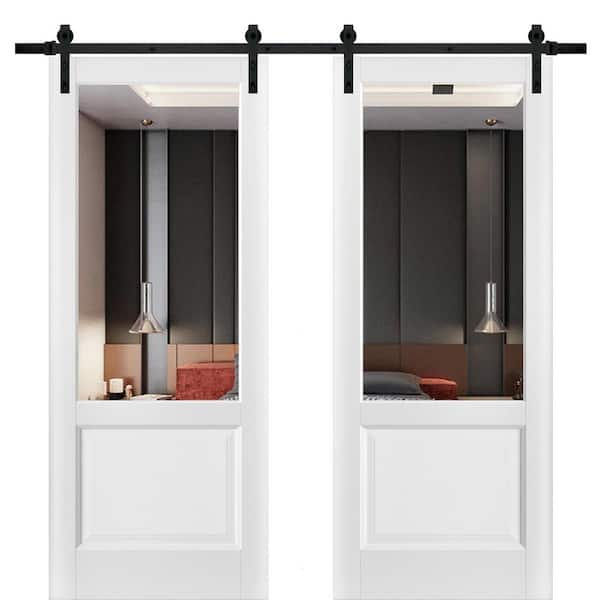 Sartodoors 18 in. x 84 in. 2 Panel Clear Glass White Solid Wood Sliding Barn Door with Hardware Kit