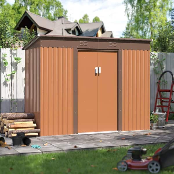 JAXPETY 9.1 ft. W x 4.3 ft. D Outdoor Storage Shed, Metal Garden Tool Sheds with Sliding Door and Vents, Brown(39.13 sq. ft.)