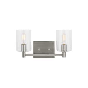 Fullton Modern 14.25 in. 2-Light Indoor Dimmable Brushed Nickel Bath Vanity Light with Clear Glass Shades