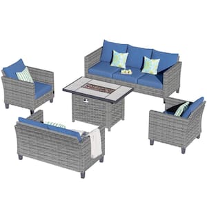 New Star Gray 5-Piece Wicker Patio Rectangle Fire Pit Conversation Seating Set with Blue Cushions