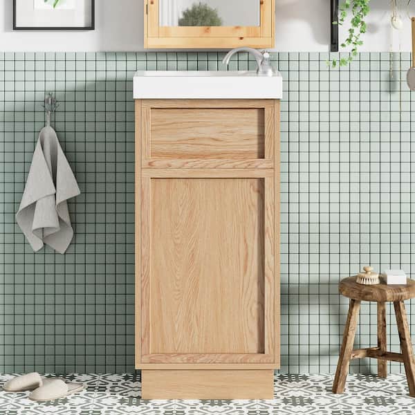 15.75 in. Freestanding Brown Bath Vanity with White Resin Top Adjustable Shelf and Push-to-Open Door
