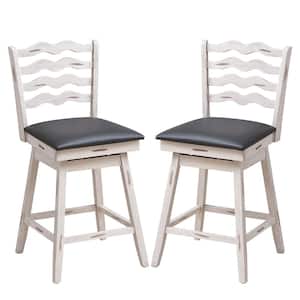 43 in. White Wood Swivel Bar Stools Bar Height Upholstered Faux Leather Dining Chairs Set of 2