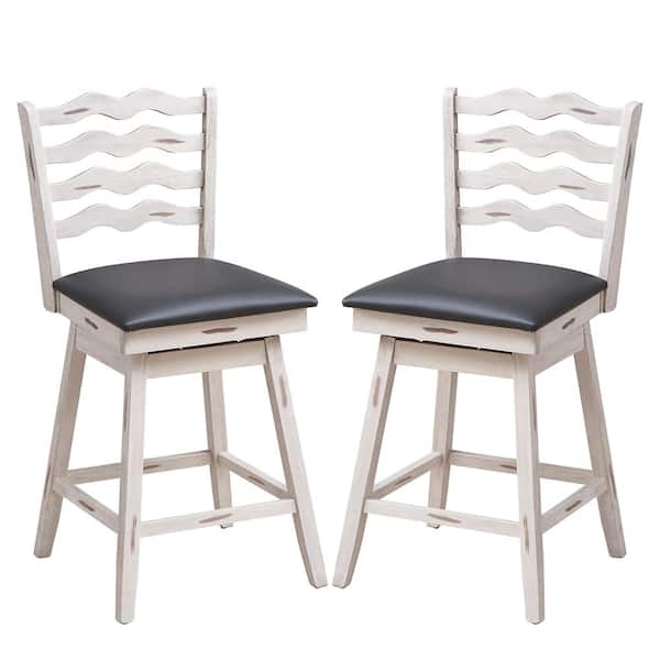 Costway 43 in. White Wood Swivel Bar Stools Bar Height Upholstered Faux Leather Dining Chairs Set of 2