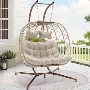 Large 2 Person 510 lbs. Beige Wicker Double Swing Egg Chair with Gold Stand and Beige Cushions