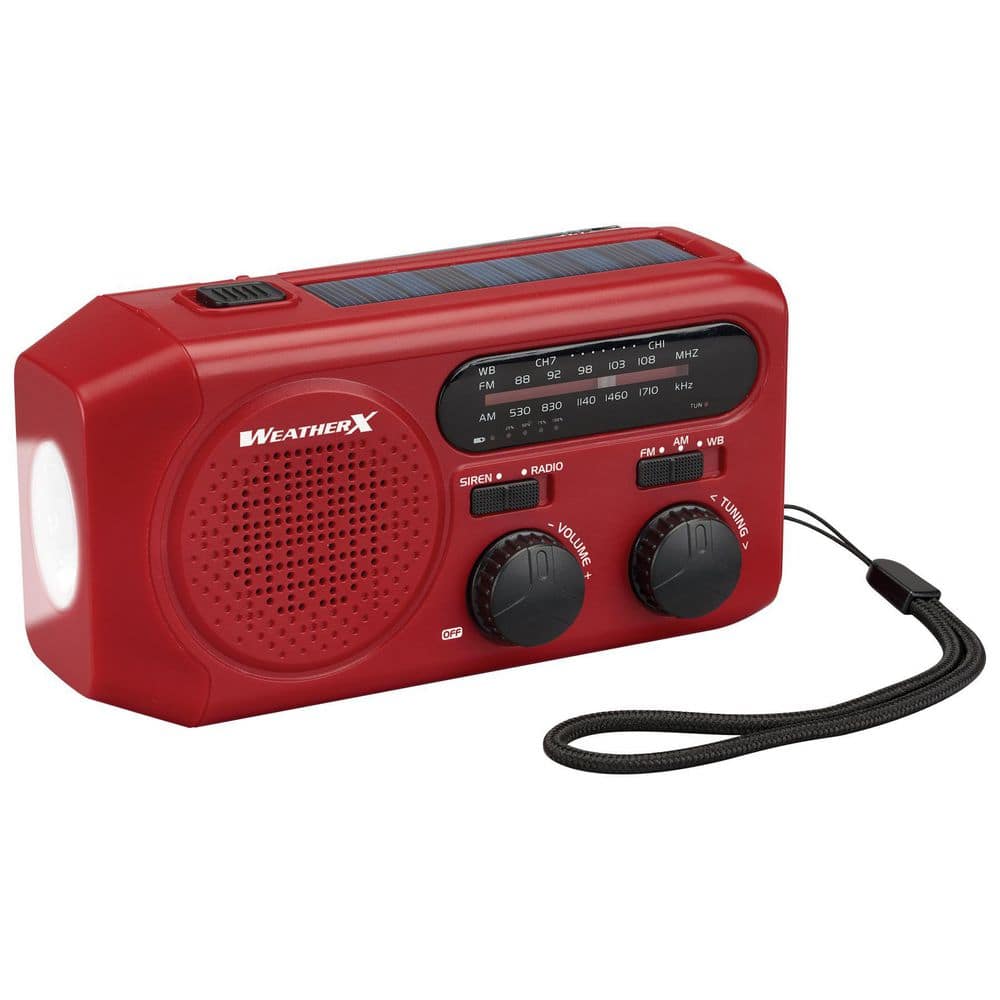 WeatherX AM/FM Weatherband Radio with LED Flashlight, Hand Crank and Solar Charging, Red -  WR281R
