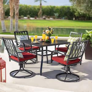 Black Metal Outdoor Dining Chairs with Swivel Design and Red Olefin Cushions (2-Pack)