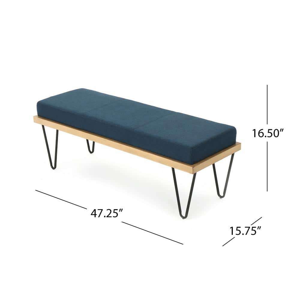 Elaina Navy Blue Upholstered Bench with Faux Pine Veneer and Iron Legs