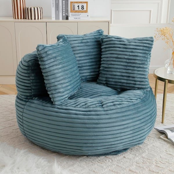 Turquoise Corduroy Bean Bag Chair with Pillows and Backrest, Filled Foam Lounge Chair for Living Room, Apartment