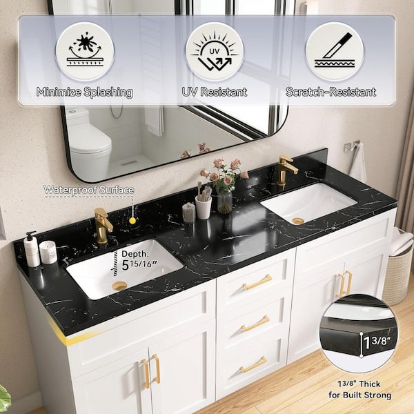 72 in. W x 22 in. D Quartz Stone White Rectangular Undermount Double Sink and 4 in. H Backsplash Vanity Top in Black