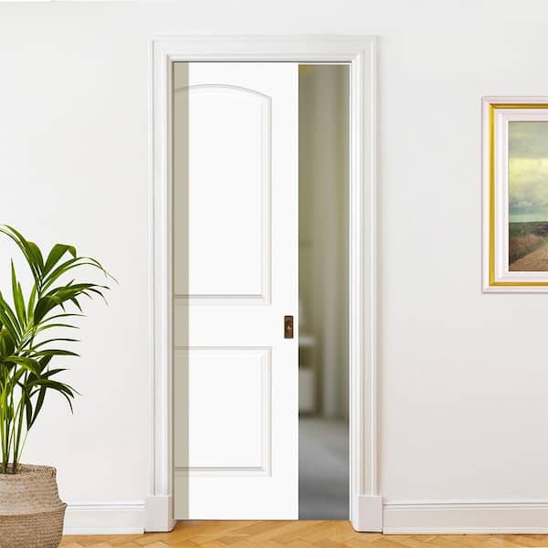 30 in. W. x 80 in. 2P Roundtop Bore SC White Primed Molded Composite Interior Door Slab Pocket Door Frame Hardware Kit