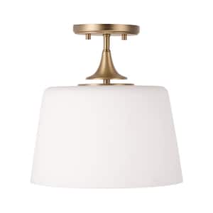 Presley 12 in. 1-Light Aged Brass Transitional Semi Flush Mount With Soft White Glass Shade and No Bulbs Included