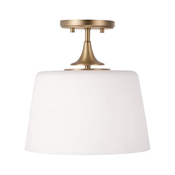 Presley 12 in. 1-Light Aged Brass Transitional Semi Flush Mount With Soft White Glass Shade and No Bulbs Included