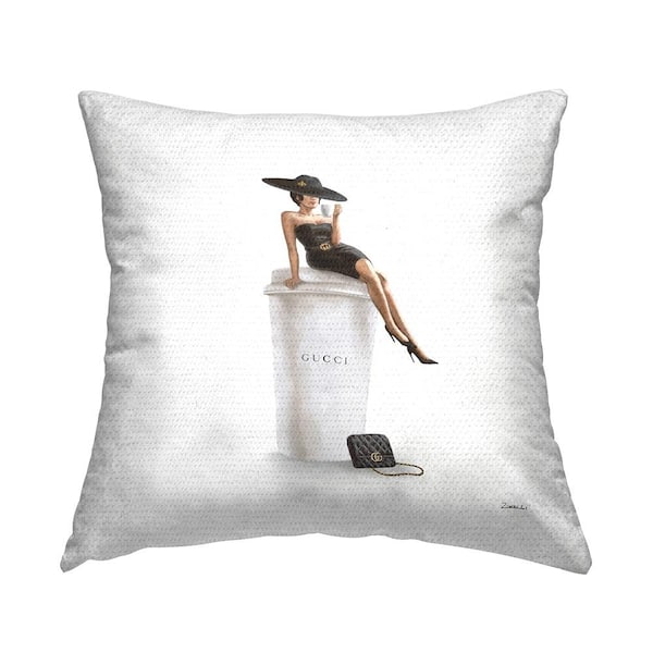 Stupell Industries Stylish Fashion Woman Pose Glam Coffee Cup Black Square Outdoor Throw Pillow
