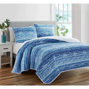 Ocean Stripe 3-Piece Blue Cotton Quilt Set-Full/Queen