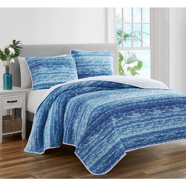 Unbranded Ocean Stripe 3-Piece Blue Cotton Quilt Set-Full/Queen