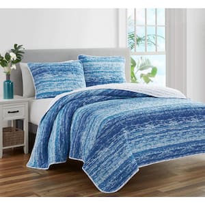 Ocean Stripe 3-Piece Blue Cotton Quilt Set-King