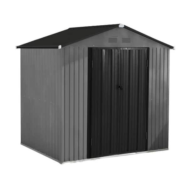 Unbranded Outdoor 6 ft. x 8 ft. 2-Tone Gray and Black Galvanized Steel Metal Tool Storage Shed with Foundation