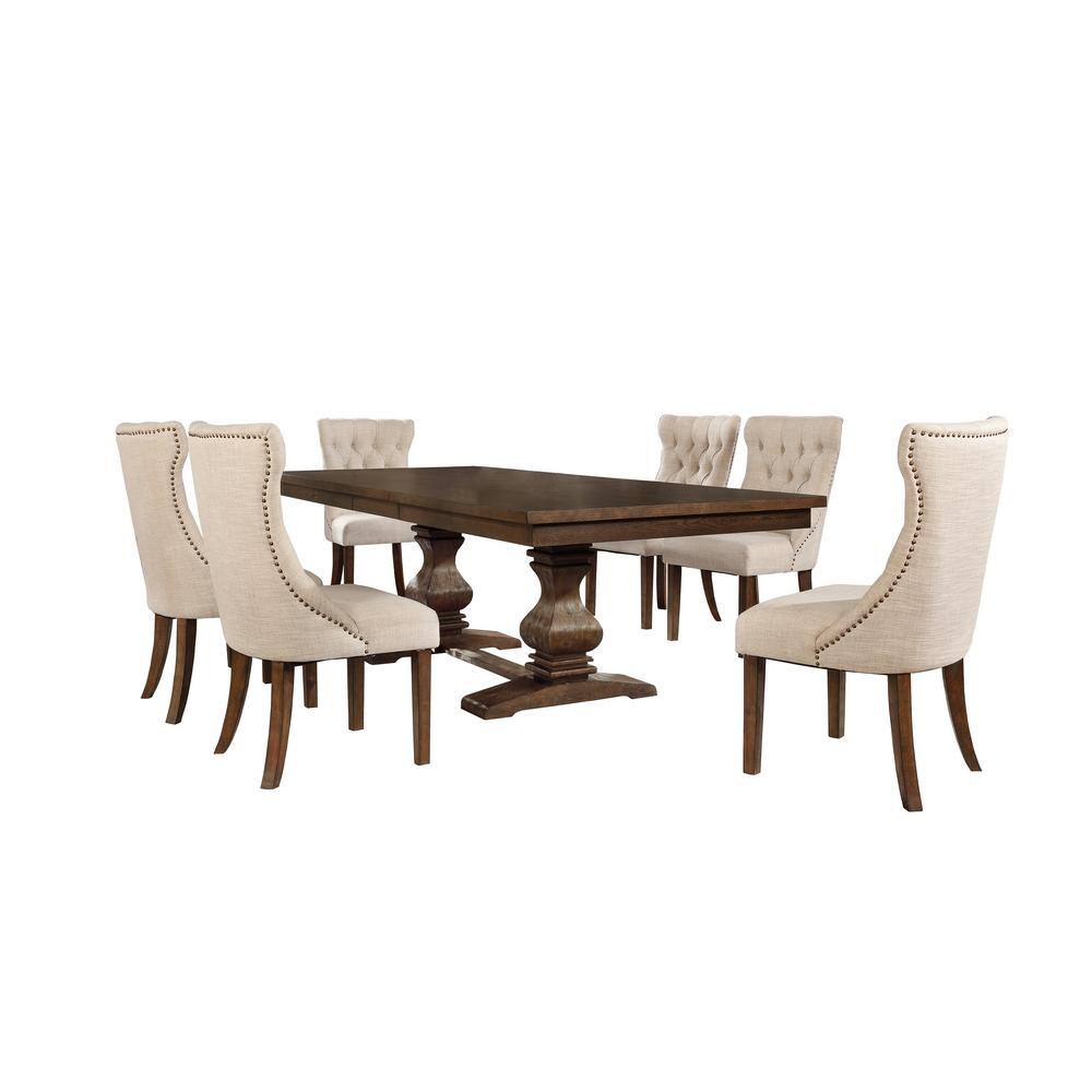 Walnut Wood Extendable Dining Table Set with Beige Linen Chairs