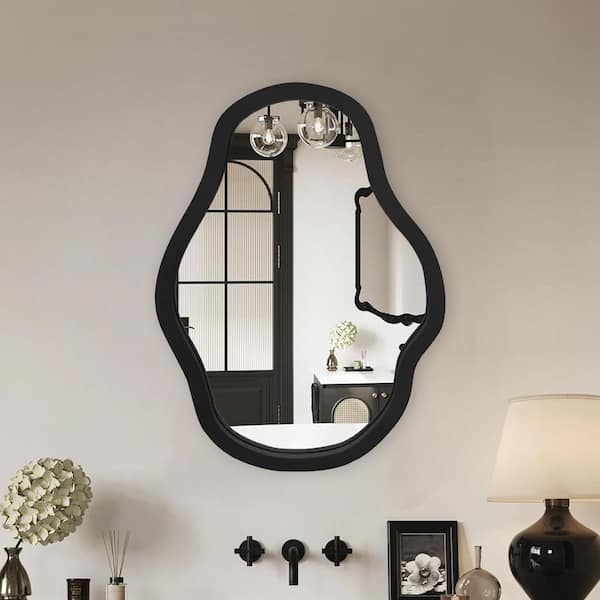 Sxiawe 20 in. W x 28 in. H Black Irregular Solid Wood Frame Wall Mirror Art Decorative Mirror