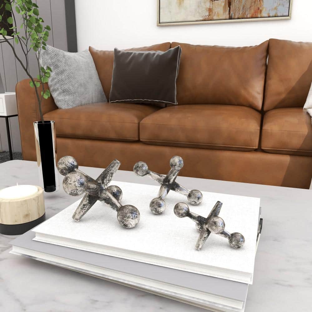 Set of 3 Silver Metal Jack Sculptures with Weathered Finish