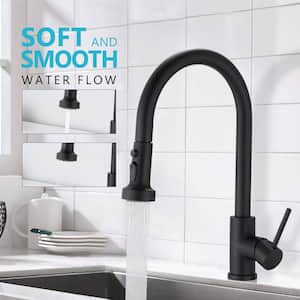 ABAD Single Handle Deck Mount Gooseneck Pull Down Sprayer Kitchen Faucet with Deckplate in Matte black