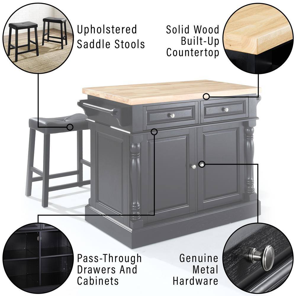 Oxford 30" Black Wood Kitchen Island with Saddle Stools
