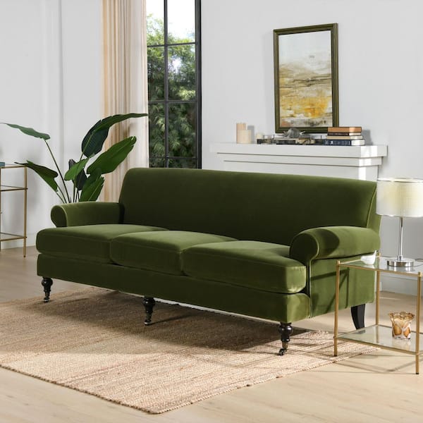Sherri 88 in. Rolled Arms Performance Velvet Rectangle Tight Back 3-Seater Lawson Sofa in Olive Green with Wheels