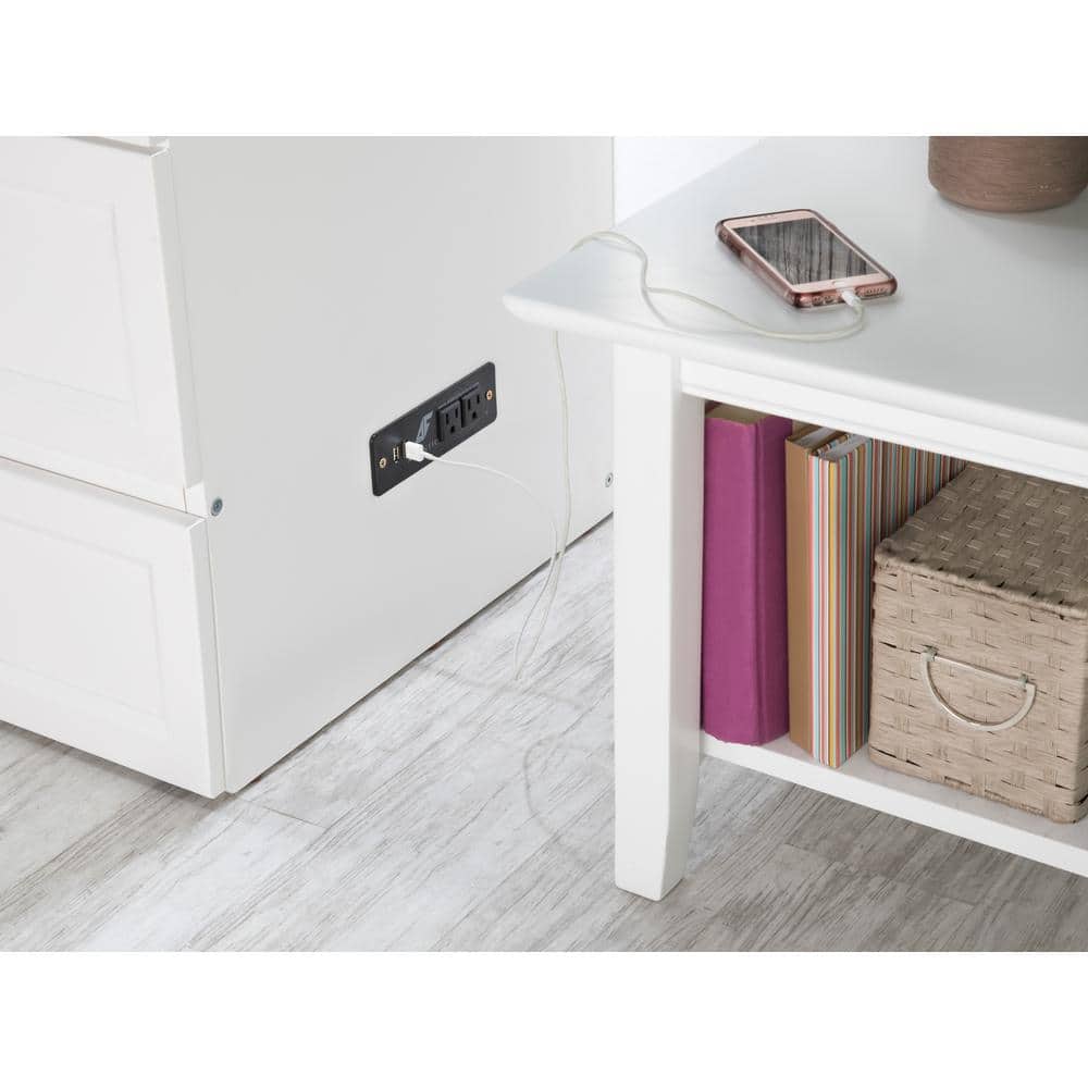 White Coastal Queen Murphy Bed Chest with Charging Station