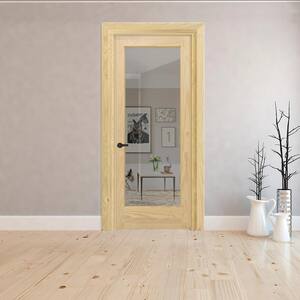 28 in. x 80 in. Right-Hand Full 1-Lite Clear Glass Unfinished Pine Wood Single Prehung Interior Door w/ Nickel Hinges