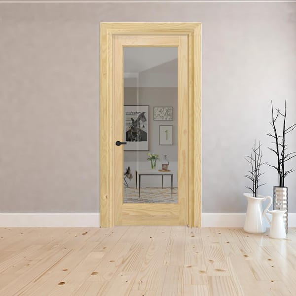 28 in. x 80 in. Right-Hand Full 1-Lite Clear Glass Unfinished Pine Wood Single Prehung Interior Door w/ Nickel Hinges