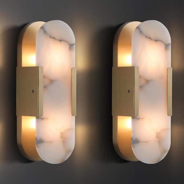 2-Light 4.6 in. Brass Alabaster Wall Sconce w/ Alabaster Shade,Wall Lamp for Living Rooms, Hallways, Bedrooms (2-Piece)