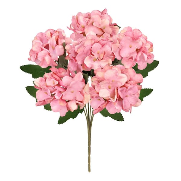 LIVING LUXURY 13 in. Rose Pink Artificial Delicate Hydrangea Flower Stem Bush Bouquet (Set of 6)