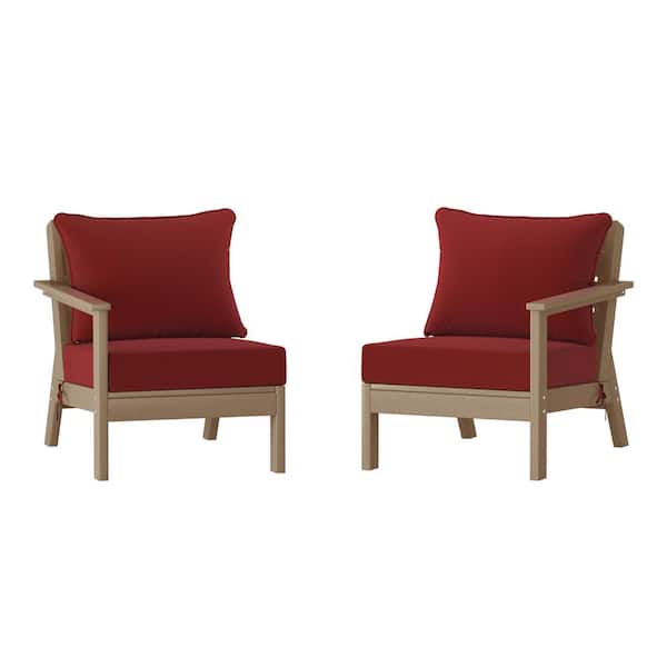 WESTIN OUTDOOR Birchwood Weathered Wood Arrangeable Outdoor Patio 2-Piece Deep Seating HDPE Loveseat Arm Chair Set with Red Cushions