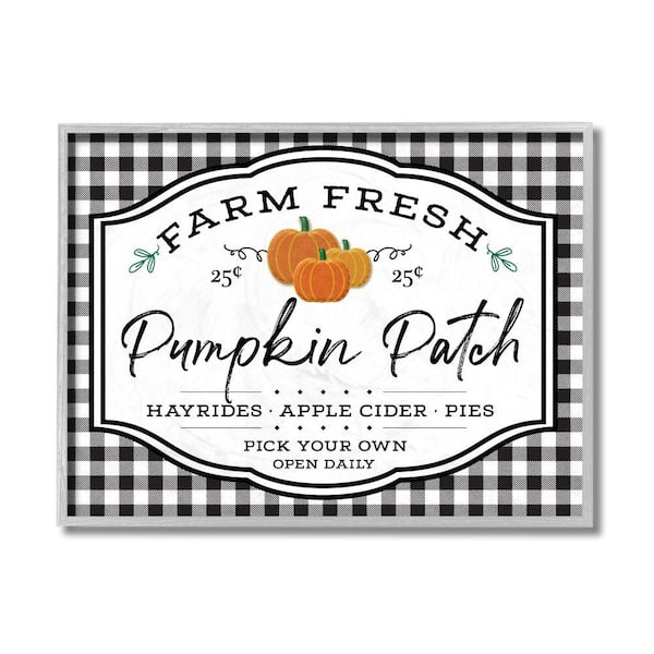 Stupell Industries "Farm Fresh Pumpkin Patch Sign Black Checkered Plaid" by AE Design Framed Nature Texturized Art Print 11 in. x 14 in.