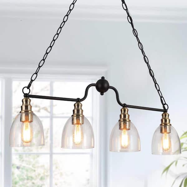Uolfin Transitional Kitchen Island Linear Pendant Light 4-Light Black and Brass Pendant Light with Seeded Glass Shades