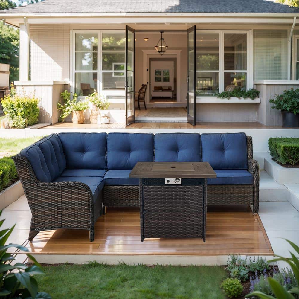 Carolina Brown 3-Piece Wicker Patio Conversation Fire Pit Seactional Seating Set with Blue Cushions price history on PriceWatchPro