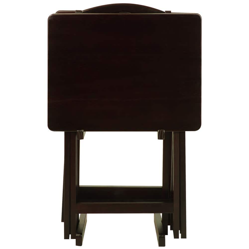 Pine Wood Espresso 5-Piece Tray Table Set with Stand