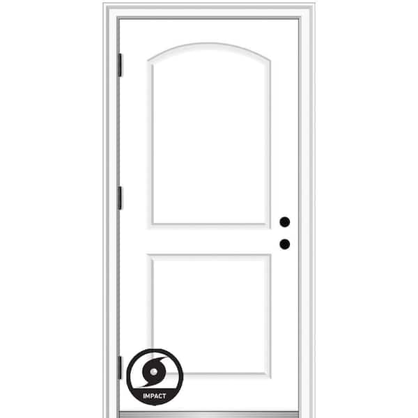 36 in. x 80 in. Severe Weather Right-Hand Outswing 2-Panel Arch Primed Fiberglass Smooth Prehung Front Door
