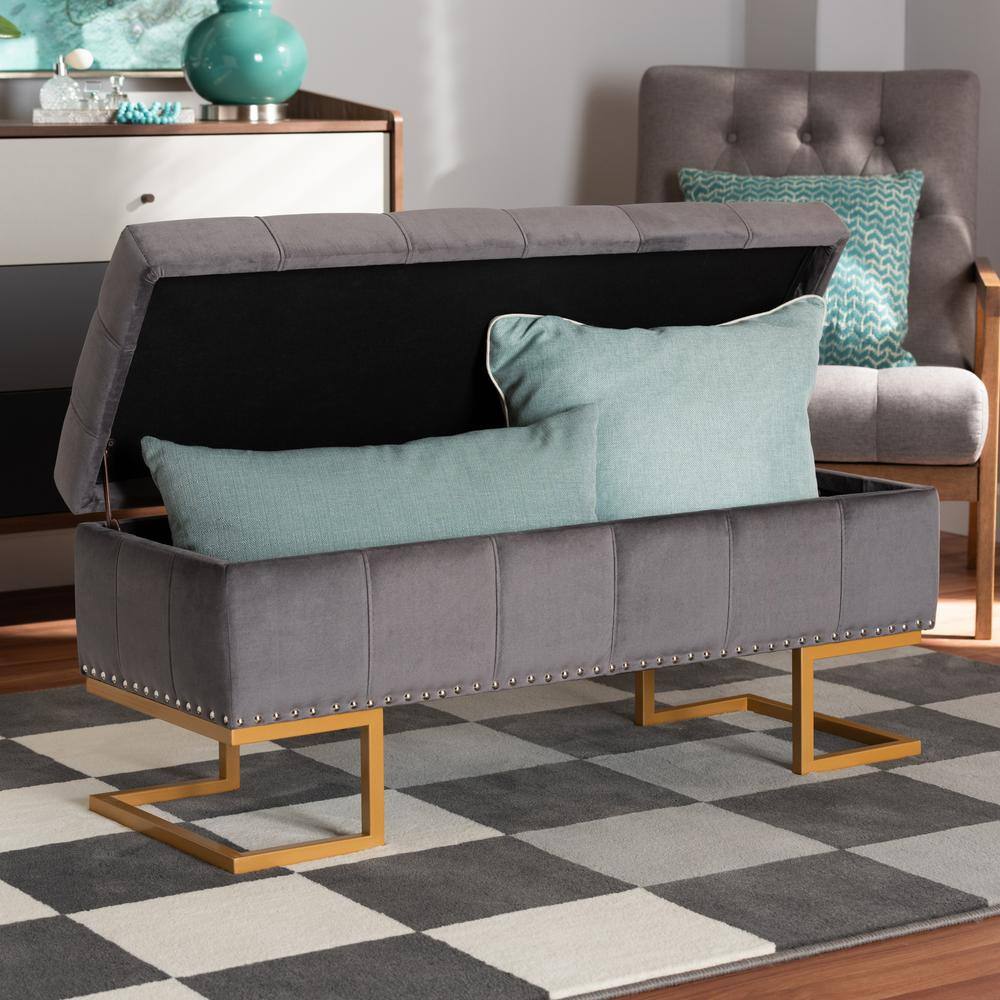Ellery Grey Velvet Tufted Storage Ottoman with Gold Base