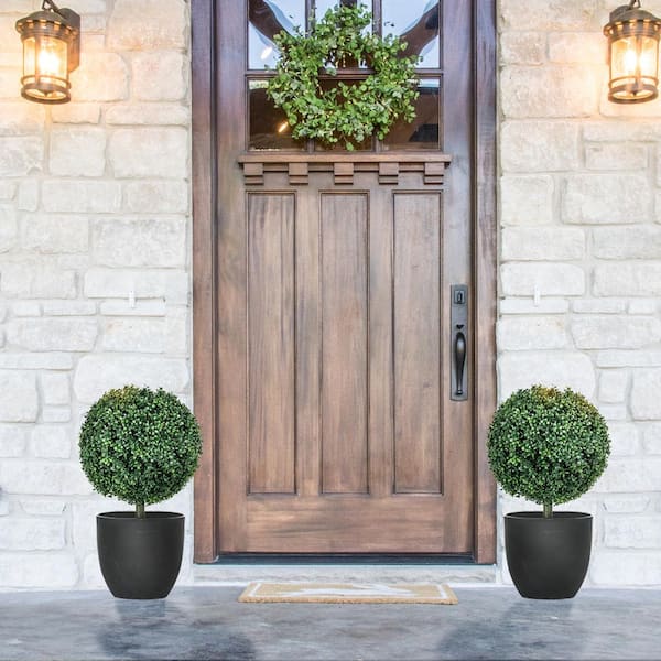 2.3 ft. Artificial Boxwood Topiary Trees with Ground Stake, Set of 2 Ball Shaped Trees, Indoor Outdoor Fake Plants