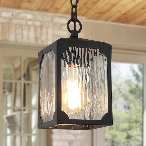 LNC Modern Matte Black Outdoor Pendant Light Square 1-Light Cage Lantern Ceiling Light with Water Glass Shade for Porch